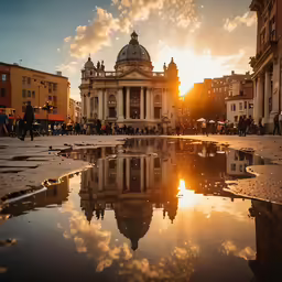 reflection of church in puddle at city intersection