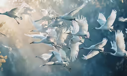 a flock of white geese flying in a cloudy sky
