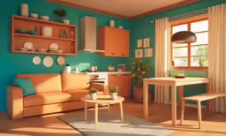 a room with a table, orange couch and blue wall