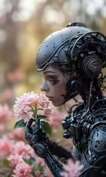the woman is dressed as a robot and holding pink flowers