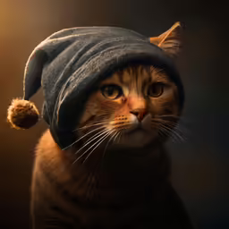 a cat wearing a hat with a pompom on top