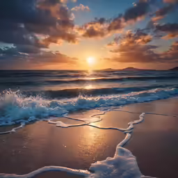 a beautiful sunset over the ocean with wave