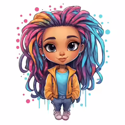 the cartoon character is colorfully dressed and wearing a yellow jacket