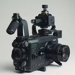 a camera with a tripod and a lens