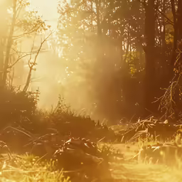 a forest is bathed with the sun and some trees