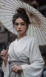 the asian woman is holding an umbrella and a small plant
