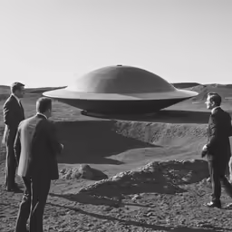 some men standing outside looking at a huge object