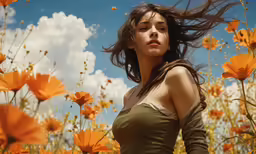 a beautiful woman is standing in front of a field of flowers