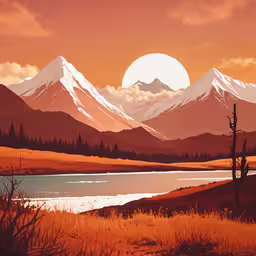 the sun is setting over a mountain range with a lake and some tall grass,mountains and water are seen as the sun goes down