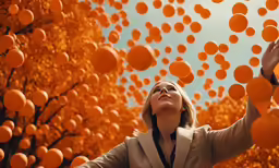 an art work of a woman throwing oranges into the air