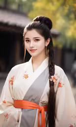 a woman in japanese costume posing with long braid
