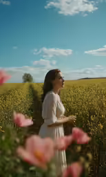 a woman in white standing in the middle of flowers