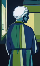 a stylized photo of an indian man looking out a window,a man standing in the doorway with an open window