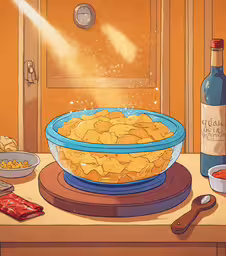 a table with a blue bowl filled with food,a bowl of food sits next to some bottles and bowls
