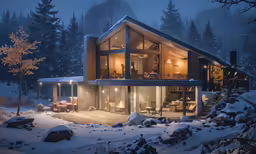 a night time photo of a cozy cabin house