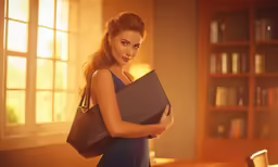 a woman wearing a blue dress and carrying a large folder