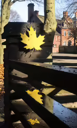 a wooden fence has been painted with the leaves of a tree