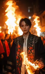 a woman in an embroidered jacket holds a burning fire