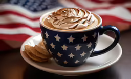 an american flag cup of hot chocolate and crackers