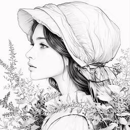 a drawing of a young girl wearing a bonnet and dress