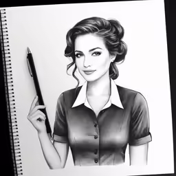 a pencil drawing of an woman holding a pen