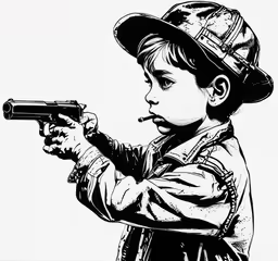 a kid with a gun and hat is looking into the distance,a black and white version of a young cowboy holding a gun