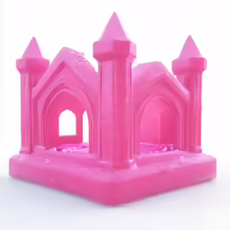 the pink castle has a tall tower with two doors and a second one is larger
