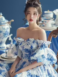 a young lady is dressed up and ready to go to dinner,an asian woman is posing in a blue and white gown