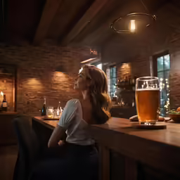 a woman at a bar waiting for food and a drink to arrive