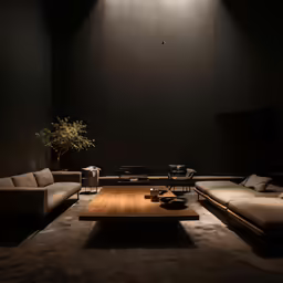a living room with couches, a table and lights