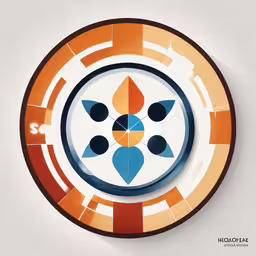 an orange and white clock with many blue designs on it,a clock with an orange, blue and white design on it
