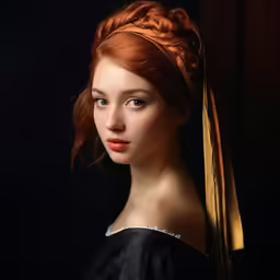 woman in black dress with braid under nose portrait