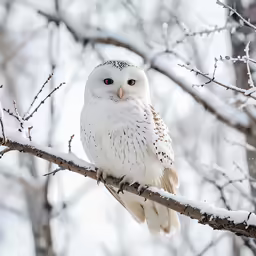 a snowy white owl perched on a tree branch