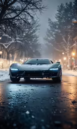 a car driving in a snowstorm on a city street