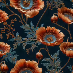 flowers and leaves are depicted against a blue background