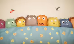 the stuffed animal heads are lined up in a row