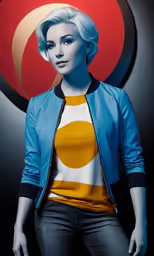 the woman is posing with a blue jacket on