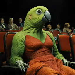 a person dressed in an orange dress and parrot