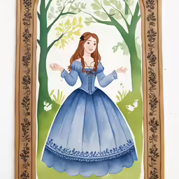 a painting of a lady with red hair wearing blue dress and tree branches