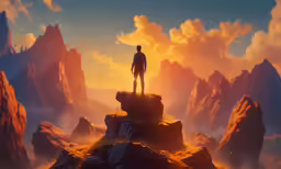 a person stands on top of a mountain with a sunset in the background