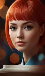 a woman with red hair and blue shirt