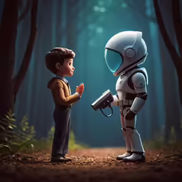 a little boy playing with an robot and a gun