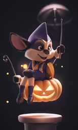 a 3d character flying through the air with an illuminated pumpkin