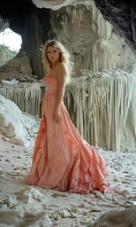 a woman in an orange dress is standing under an ice cave