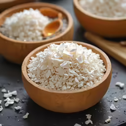 a wooden bowl filled with grains and some other things