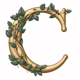 a gold letter with green leaves and vines on it