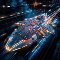 the futuristic spaceship ship is floating through the city
