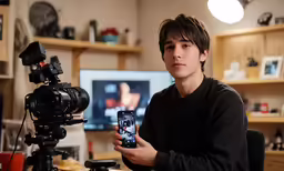 a man holding a cell phone in front of a camera