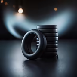 a stack of three black rings and a dim light