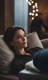 a woman lying on a couch looking at the camera